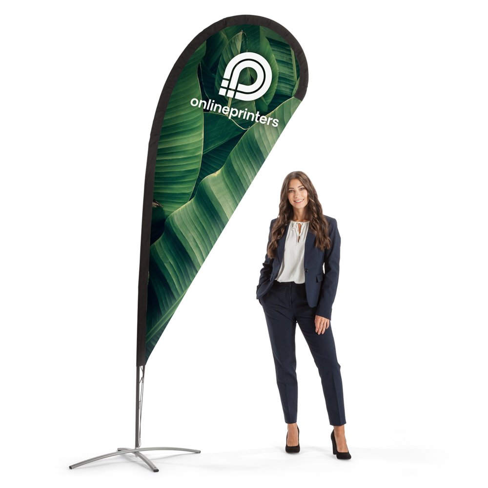 Dråbeformet beachflag med tryk | 104 x 261 cm | enkelsidet tryk | 110 g/m² flagstof