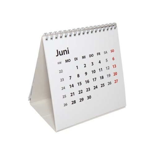 Bordkalender med spiralbinding og foldbar, trekantet base.