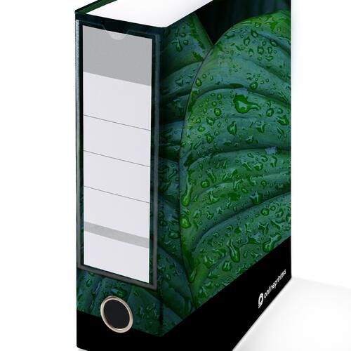 Trykt ringbind med ringmekanisme og rygetiket.