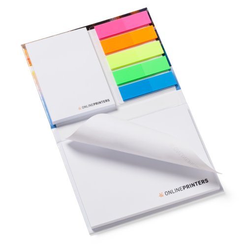 St med sticky notes, notesblok og farverige sticky strips.