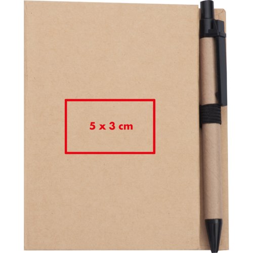 Brun notesbog med penholder og pen.