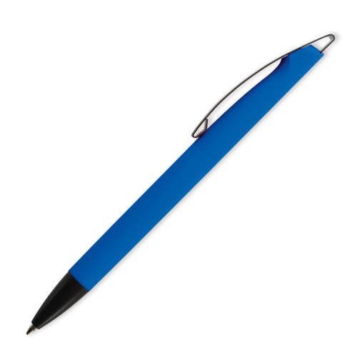 Bl plastikkuglepen med klips og trykknap.