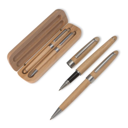 Brunt trskrivest med kuglepen, rollerballpen og etui.