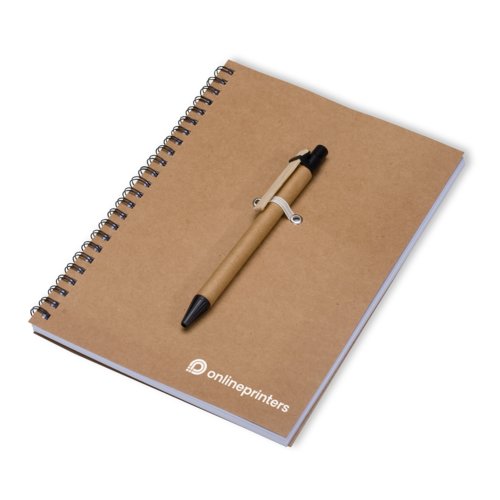 Brunt miljvenligt notesblok med spiralbinding og penholder.