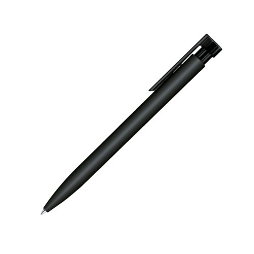 Sort kuglepen med blød overflade, klips og trykknap.