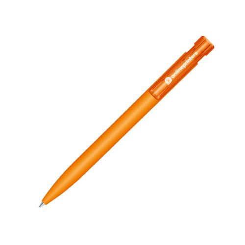 Orange plastikkuglepen med trykmekanisme og soft-touch overflade.