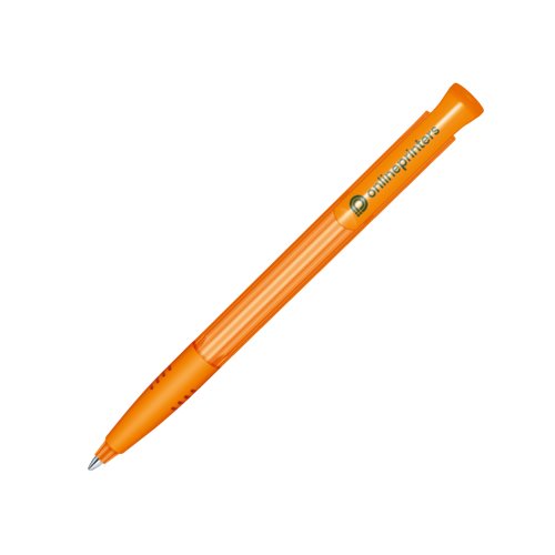 Orange plastikkuglepen med trykmekanisme og bldt greb.