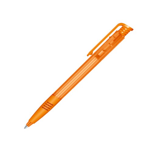 Orange plastik kuglepen med trykmekanisme og klips.