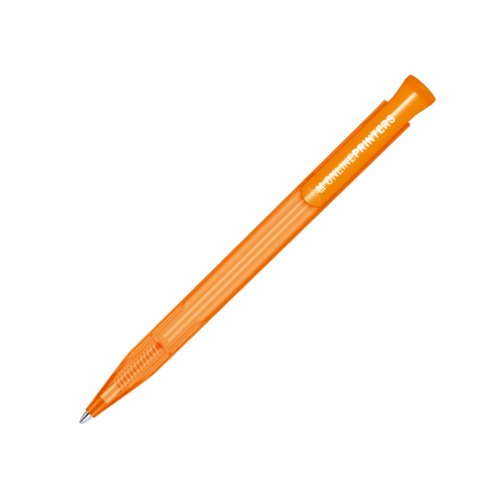 Orange plastikkuglepen med trykmekanisme.