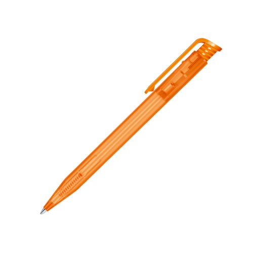 Orange plastikkuglepen med trykknap og klips.