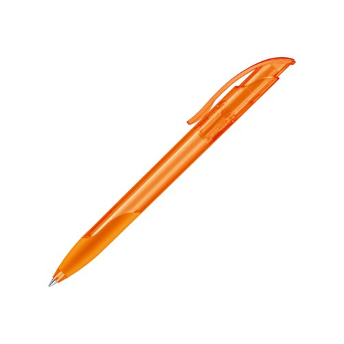 Orangefarvet kuglepen i plastik med bldt greb og clips.