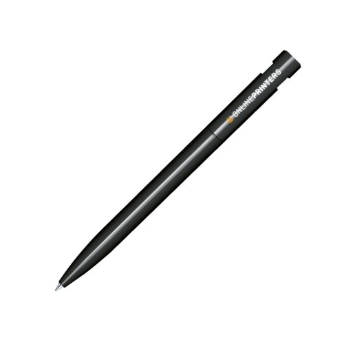 Sort plastikkuglepen med poleret finish og trykmekanisme.