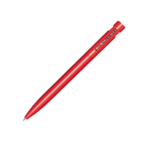 R�d plastik kuglepen med blank finish og trykmekanisme.
