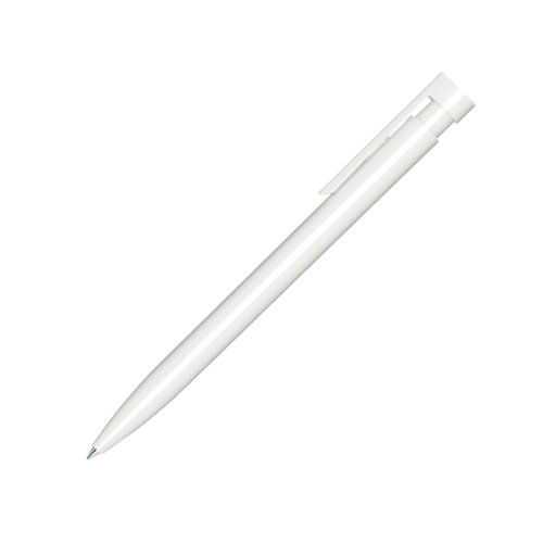 Hvid plastik kuglepen med poleret finish og clip.