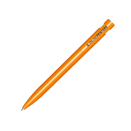 Orangefarvet plastikkuglepen med poleret finish og trykmekanisme.