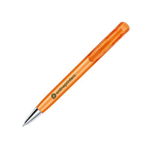 Orange plastikkuglepen med metalelementer og trykmekanisme.