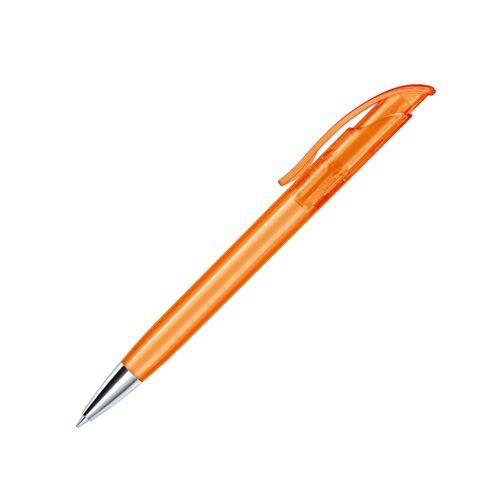 Orange plastikkuglepen med metalspids og klips.