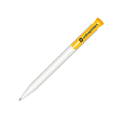 Hvid/gul plastik kuglepen med trykmekanisme.