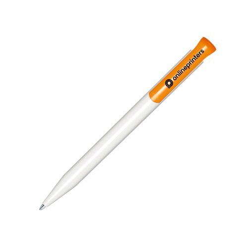 Hvid/orange plastik kuglepen med trykmekanisme.