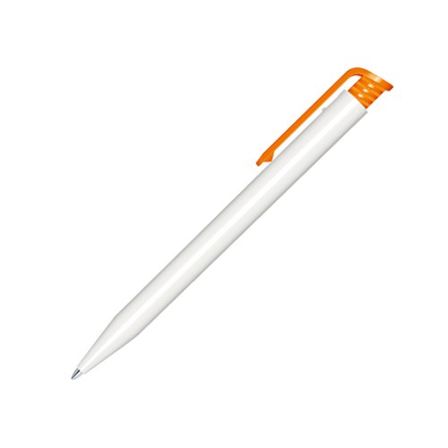 Hvid plastikkuglepen med orange klips og trykmekanisme.