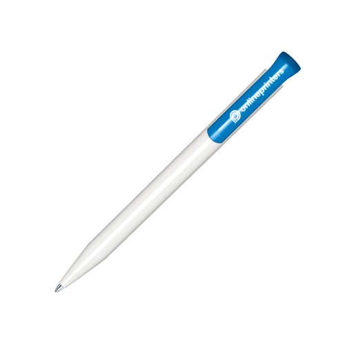 Hvid plastikkuglepen med bl detalje og trykmekanisme.