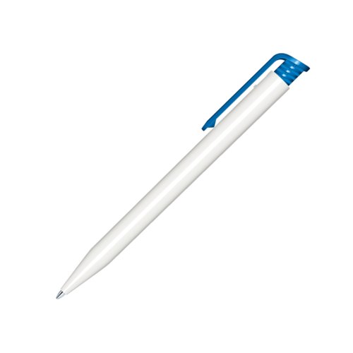 Hvid plastik kuglepen med bl detaljer og trykmekanisme.