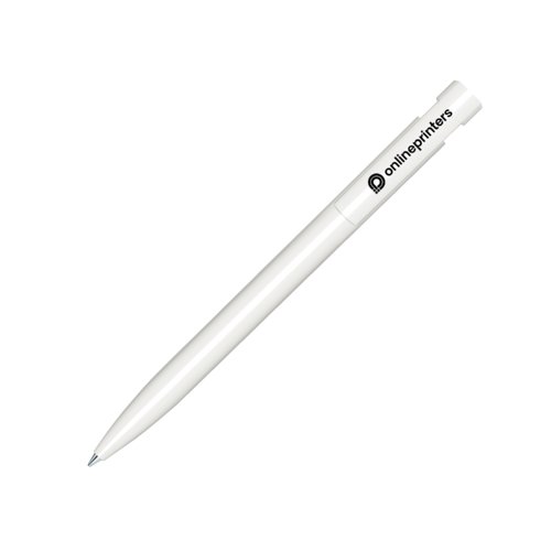 Hvid plastik kuglepen med poleret finish og trykmekanisme.