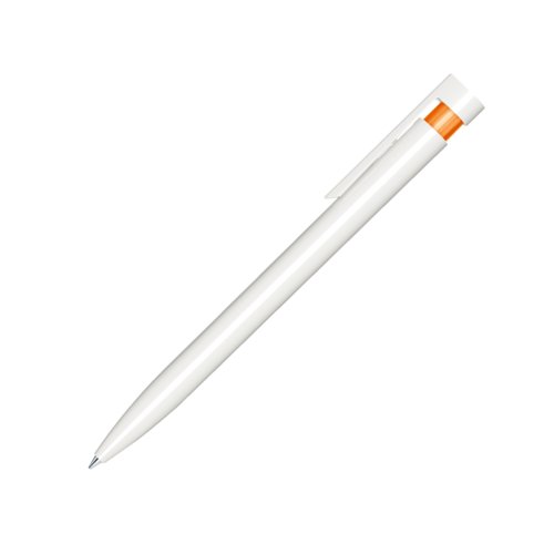 Orange plastikkuglepen med poleret finish og clips.