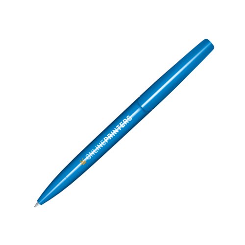 Bl� plastik kuglepen med poleret finish.