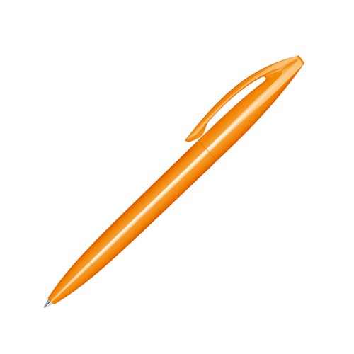 Orange plastikkuglepen med klips og drejemekanisme.