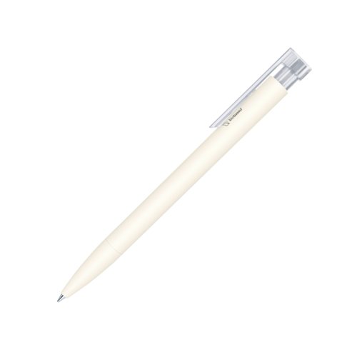 Hvid bioplast kuglepen med transparent clip og trykmekanisme.