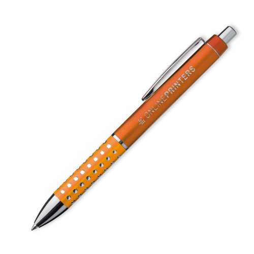 Orange kuglepen med klips og trykknap.