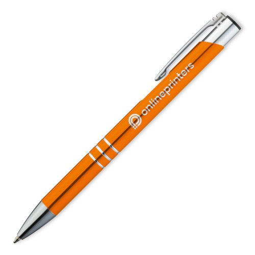 Orange metal-kuglepen med clip og trykmekanisme.