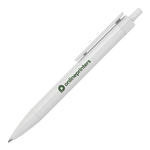 Hvid kuglepen med klips og trykmekanisme.