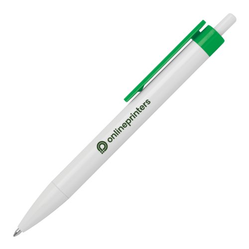 Hvid plastik kuglepen med clip og trykmekanisme.