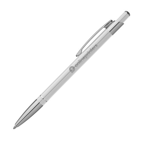 Hvid metal-kuglepen med clip og trykmekanisme.