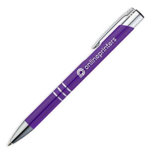 Violet metalkuglepen med clip og trykmekanisme.