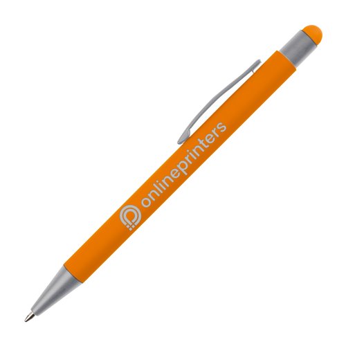 Orange plastikkuglepen med touchpen og klips.