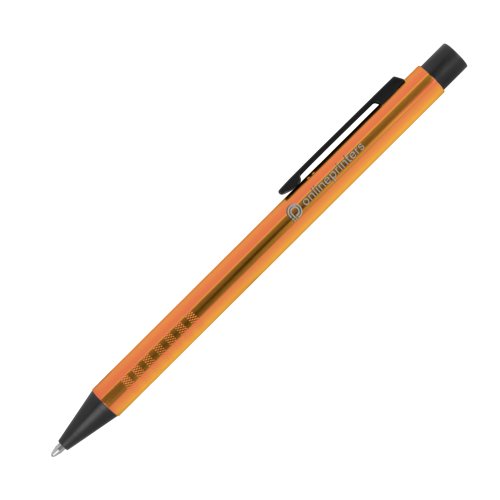 Orange metalkuglepen med mnster, klips og trykmekanisme.