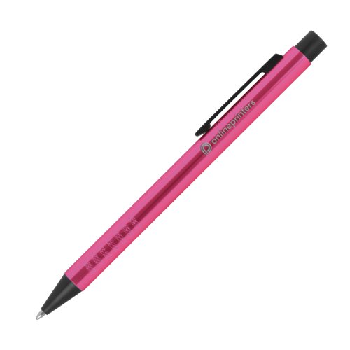 Pink metal kuglepen med mnster, klip og trykmekanisme.