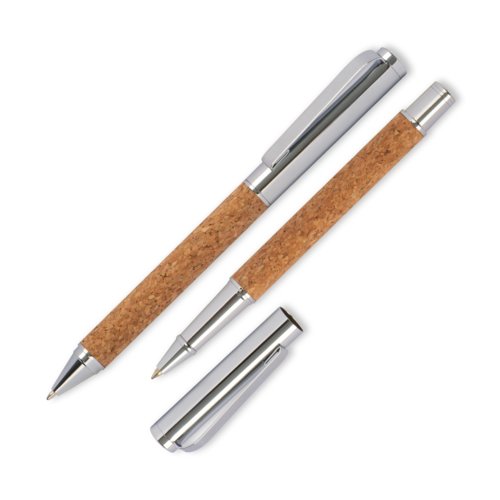 Brunt korkskrivest med kuglepen og rollerball.
