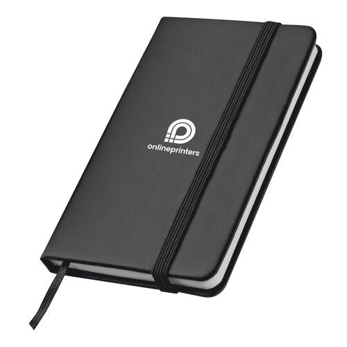 Sort notesbog med elastik og bogm�rke.