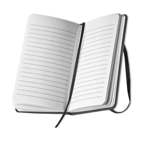 Sort notesbog med bogmrkebnd.