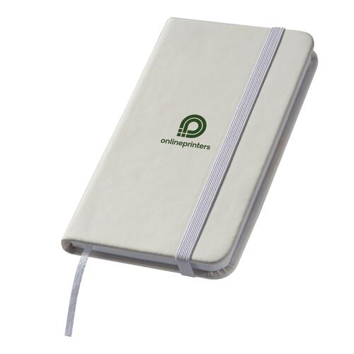 Hvid notesbog med elastik og bogm�rke.