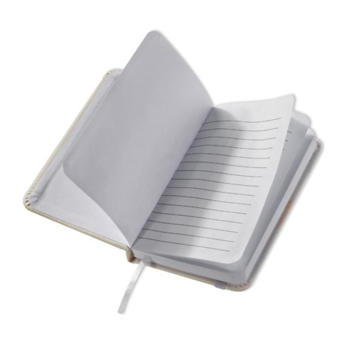 Hvid notesbog med hardback og bogmrke.