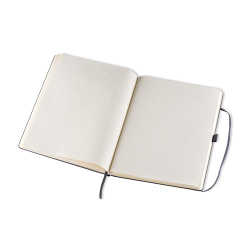 Sort notesbog med hardcover og bogmrke.