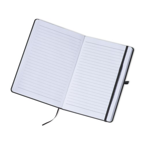 Sort notesbog med elastik og bogmrke.