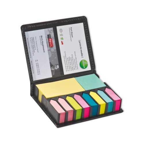 Sort klbende markrst med sticky notes og visitkortholder.