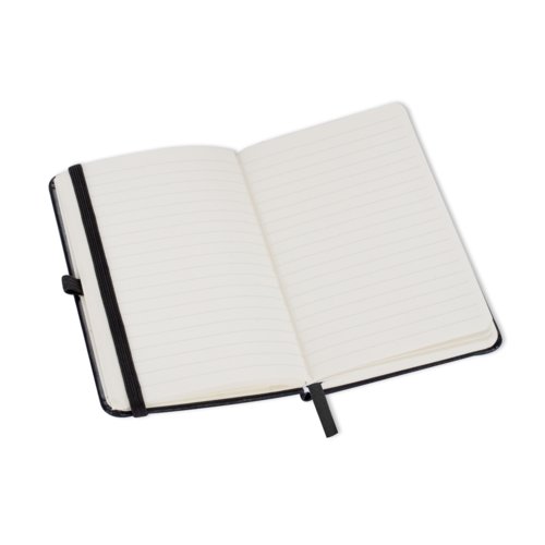 Sort notesbog med elastiklukning og bogmrke.