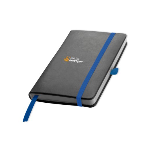 Bl� notesbog med hardcover, elastiklukning og bogm�rke.